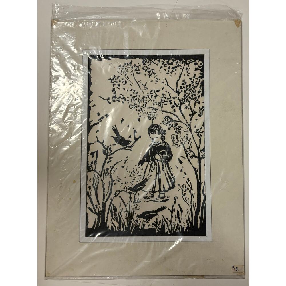Vintage mid century linoleum block print art girl birds nature